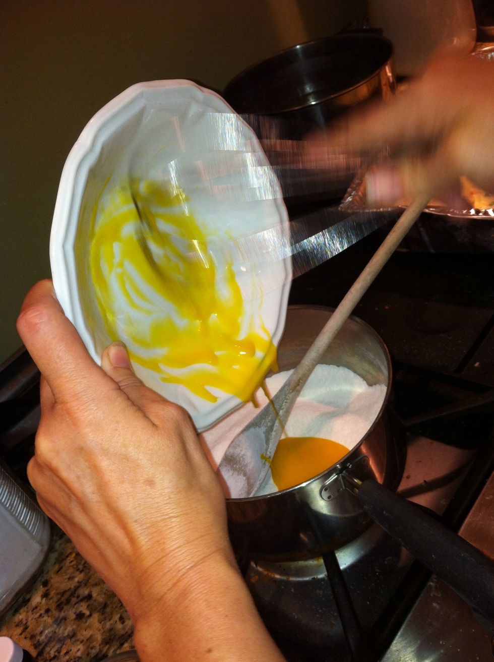 Pour into pan with sugar and flour