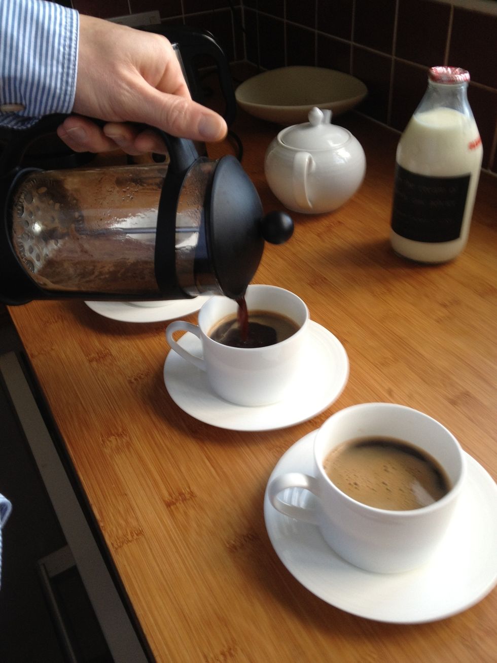 Pour into pre-washed coffee receptacles (put some in a cup)....Americans may wish to know about the little plates underneath: we call them saucers but they are basically biscuit holders. Recommended!