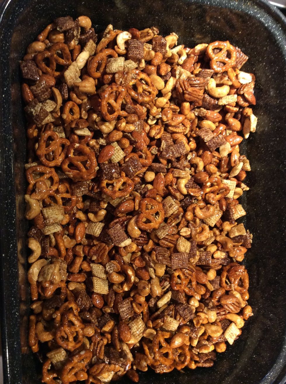 Pour into roasting pan. Stir again, just to make sure it's all mixed thoroughly.