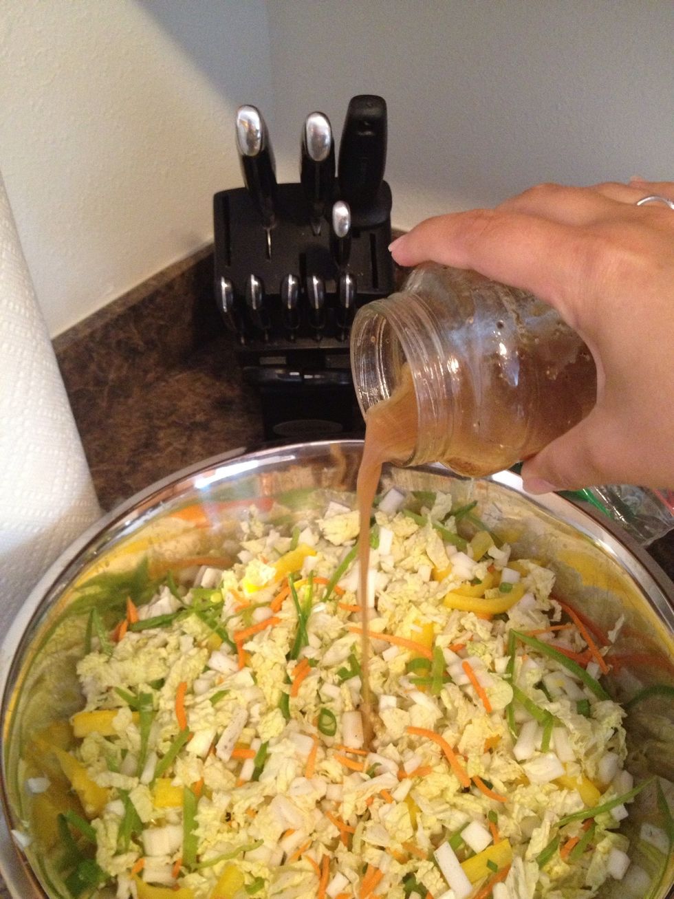 Pour into slaw mixture. Toss the slow with your hands until its completely coated.