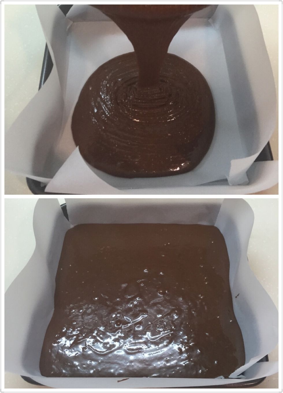 Pour into the baking pan. Pound the pan on the counter top to get rid of some bubbles.