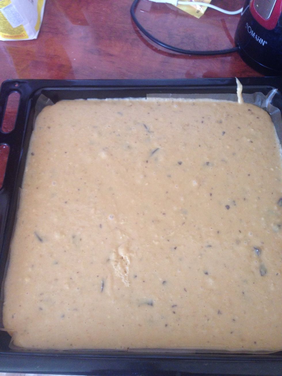 Pour into the greased and lined with parchment paper baking dish. Bake at 180C preheated oven for about 30 minutes