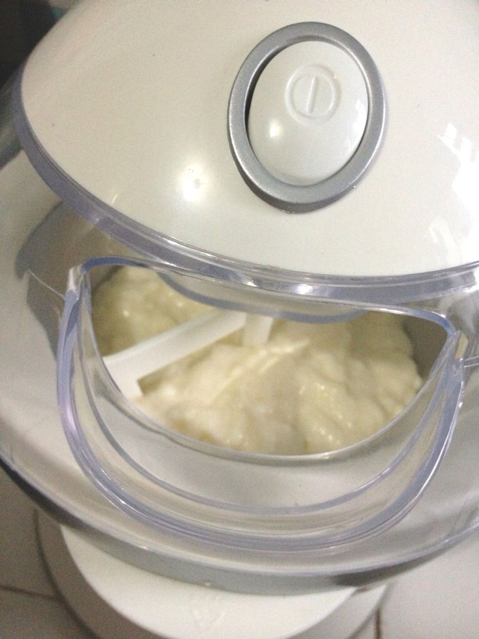 Pour into the ice cream maker and churn until thick and creamy. Put the FroYo in a container an freeze until firm. Approx 4 hours