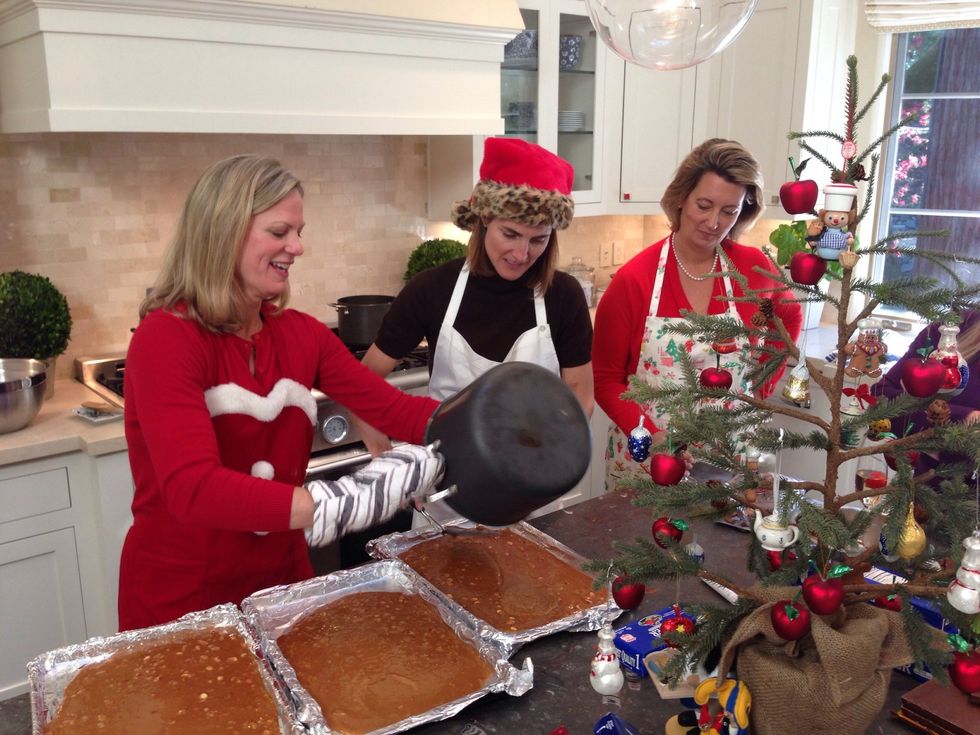 Pour into three prepared cookie sheets. (Cookie sheets lined w/ foil). Use a spatula to spread evenly. Allow to cool a bit -enough that it won't stick and then cover with large sheet of foil to cool.