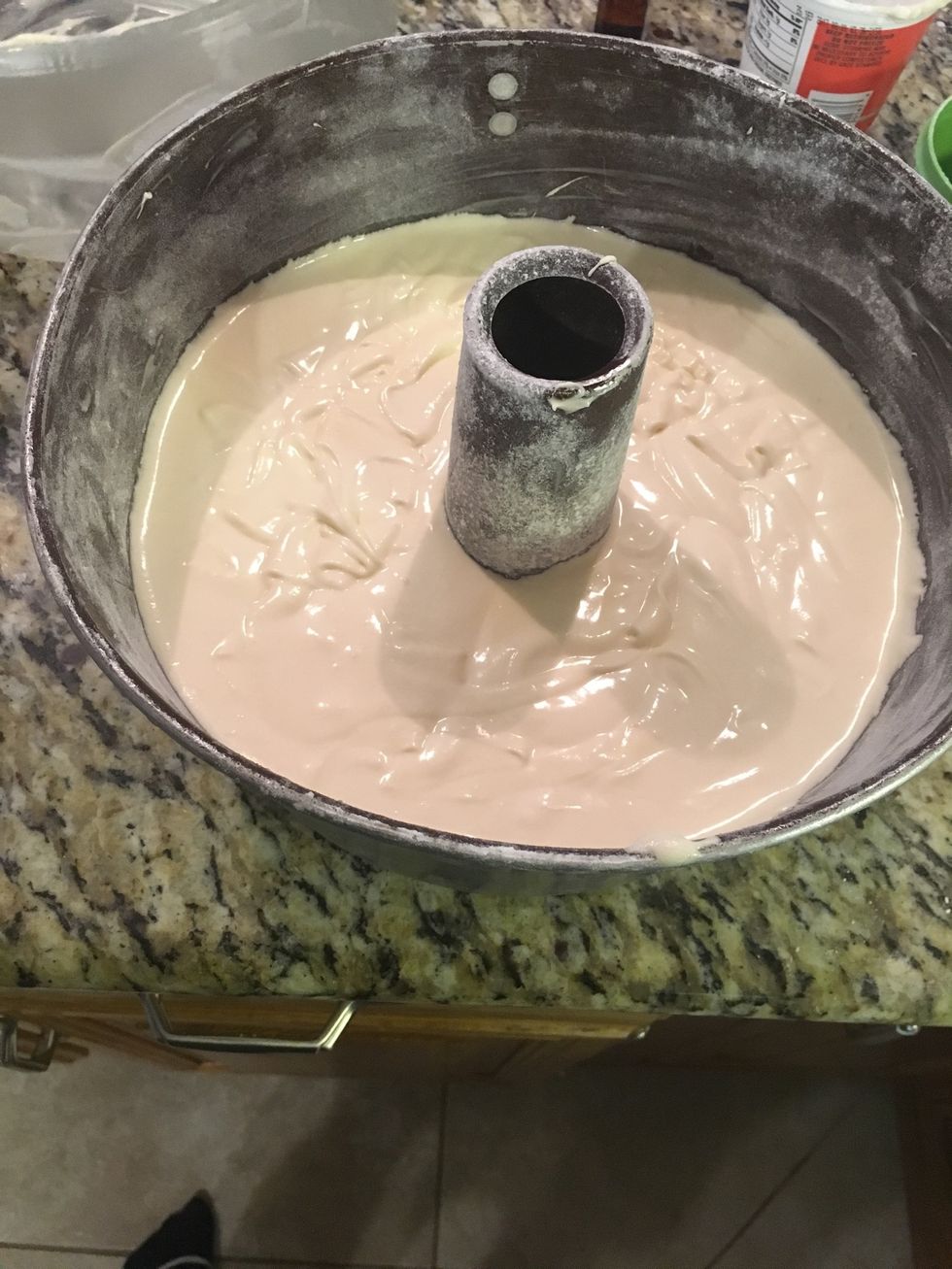 Pour into tube cake pan