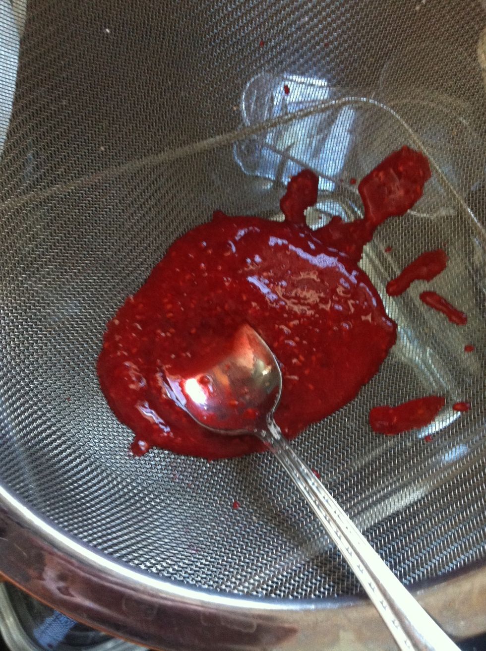 Pour into your fine mesh strainer, straining out all the seeds.