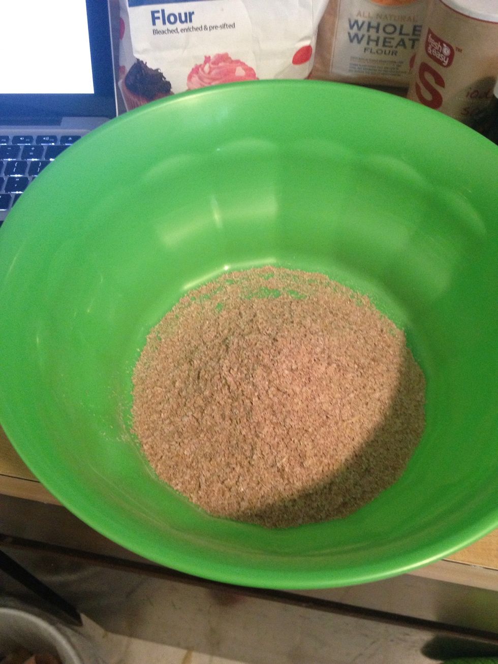 Pour into your mixing bowl. We're gonna start with all the dry ingredients first because if you add the wet stuff at the same time you can end up with clumps of flour and clumps if salt, etc.