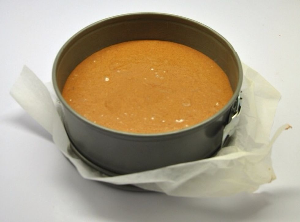 Pour into your parchment paper lined spring form pan, and bake for 25-30 minutes.
