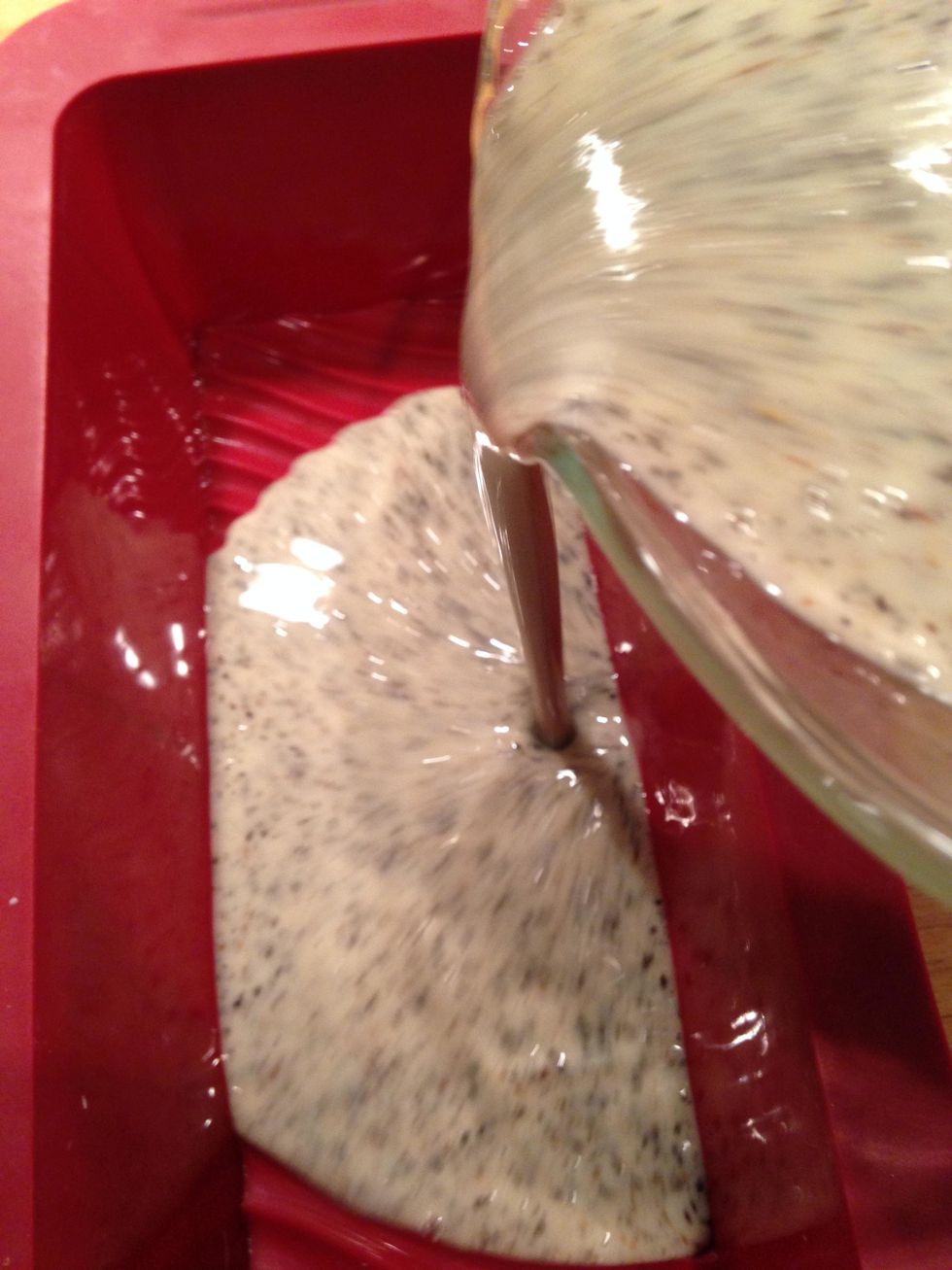 Pour it back and forth until it's all in the pan.