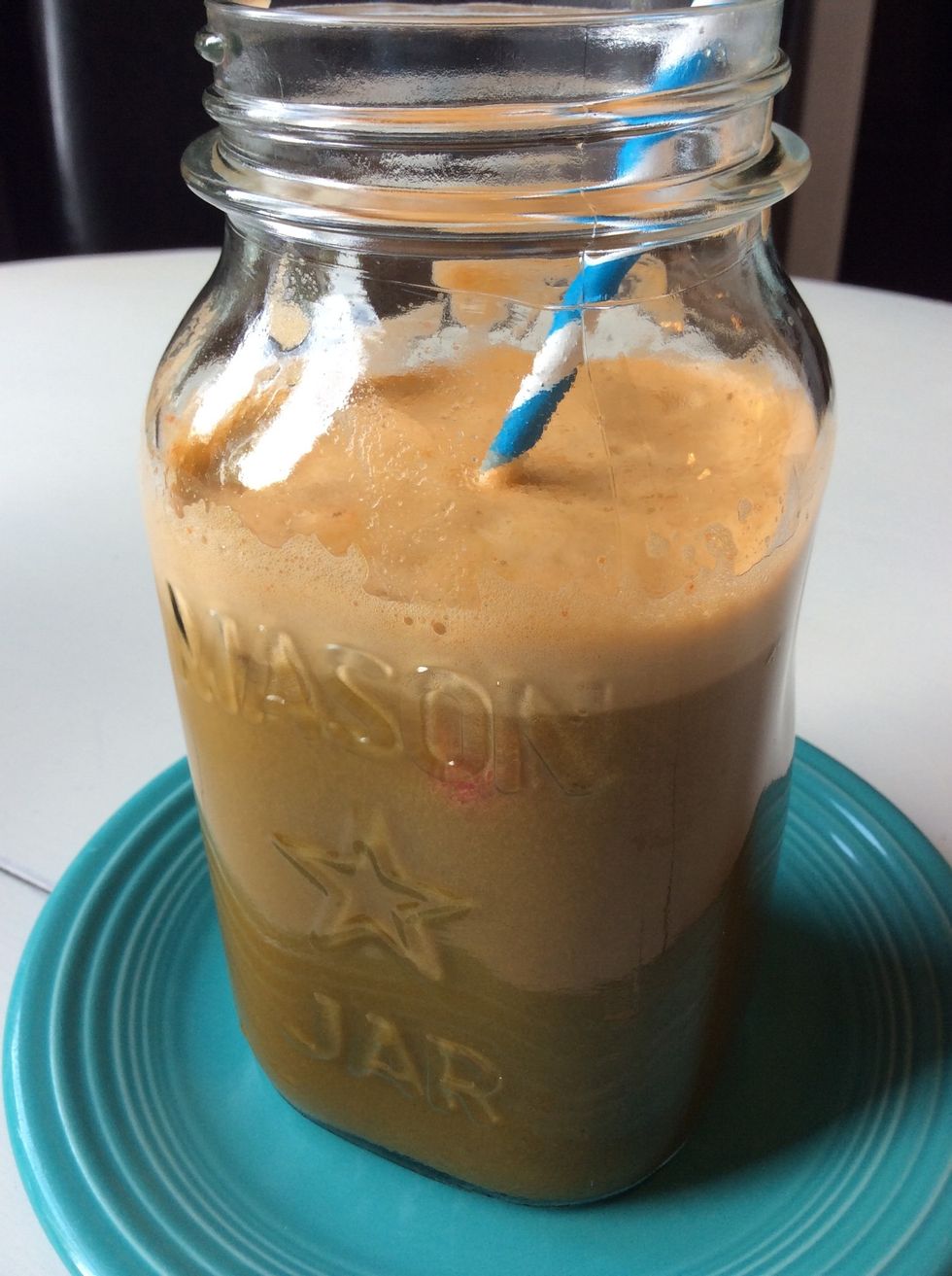 Pour juice into glass or jar and enjoy. (I add frozen fruit as ice cubes to chill my juice a bit).