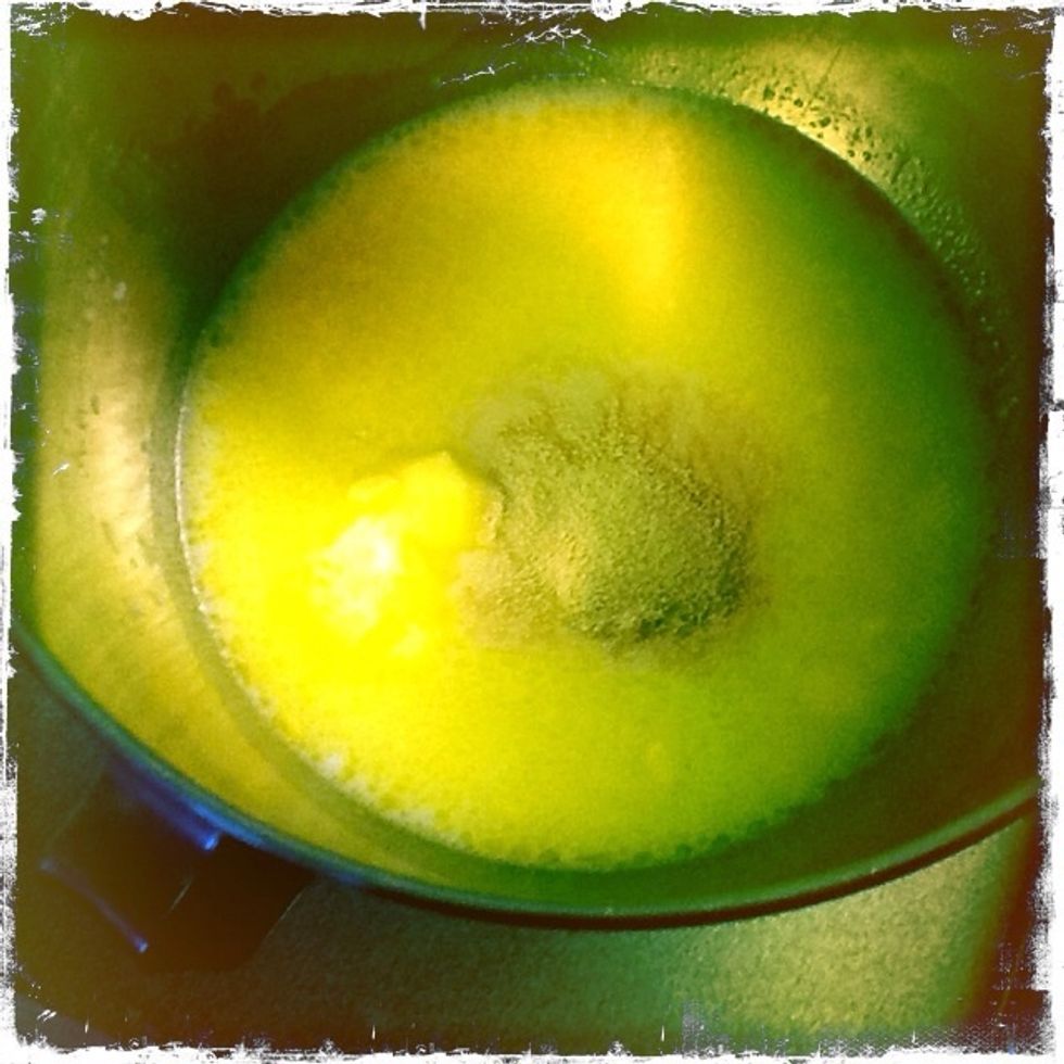 Pour liquid into your mixing bowl and add yeast then...