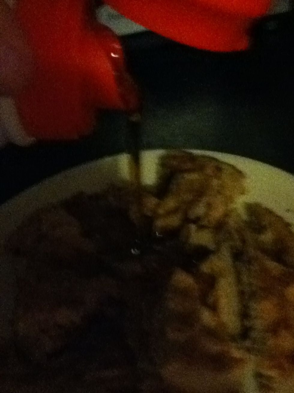 Pour maple syrup onto waffles.