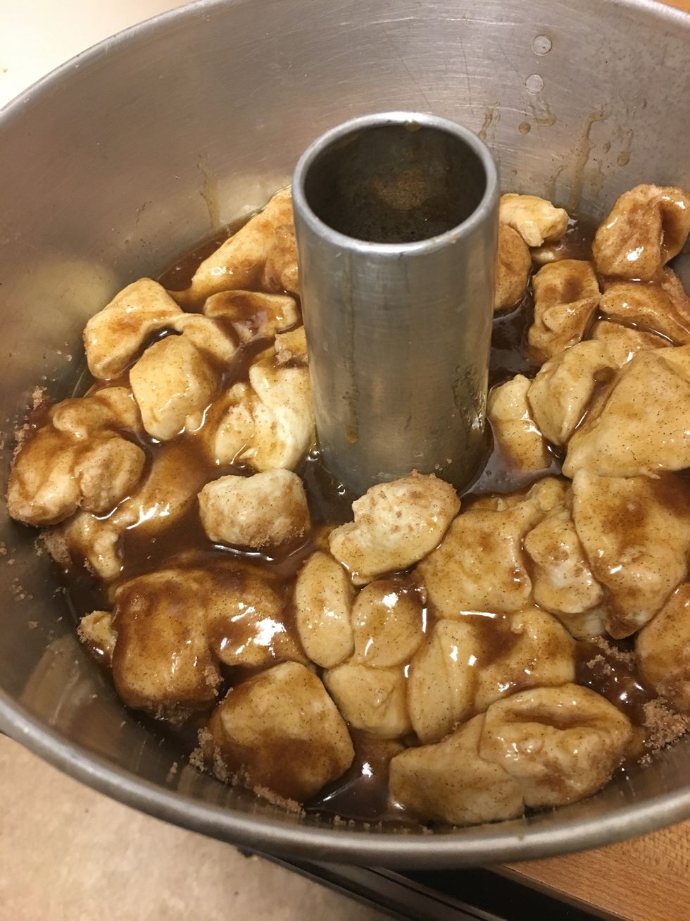 Pour melted butter/brown sugar into the bundt pan