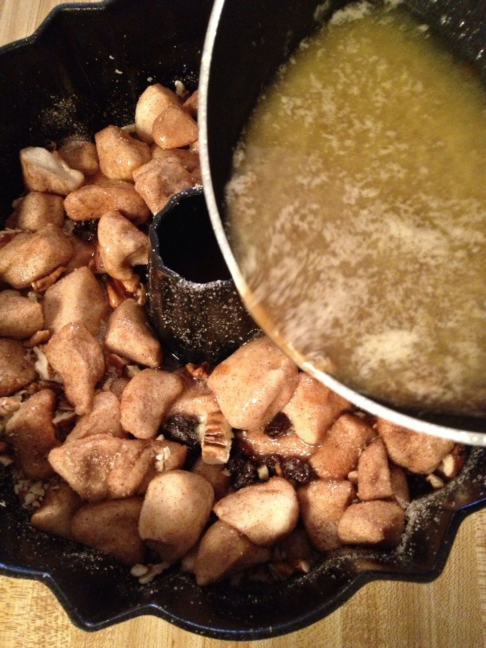 Pour melted butter mixture in bundt pan