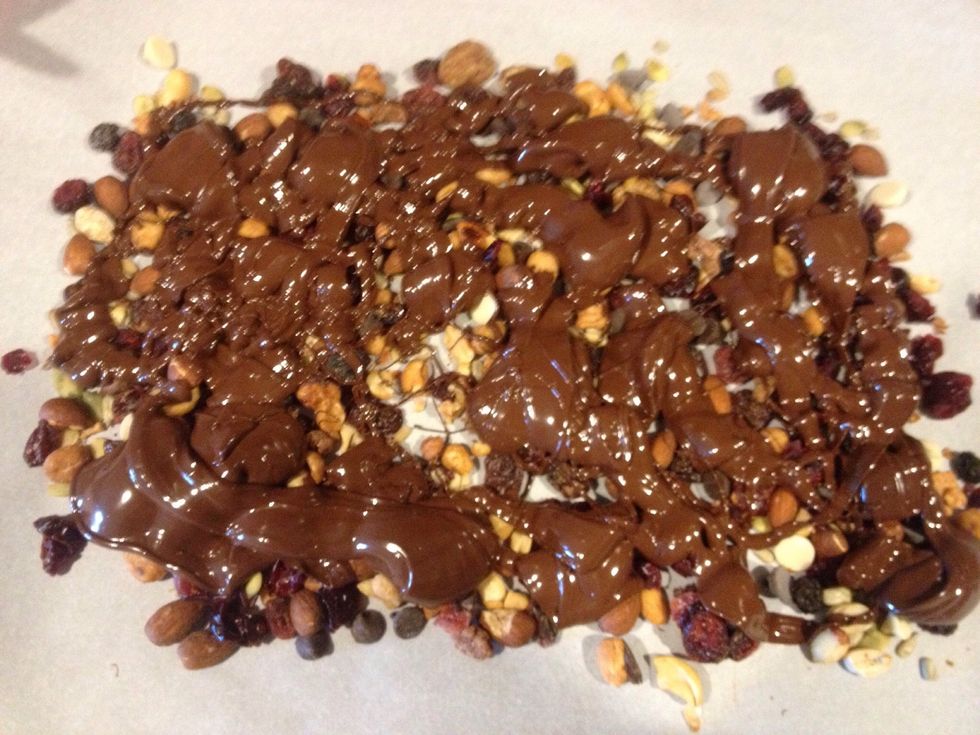 Pour melted chocolate over trail mix.