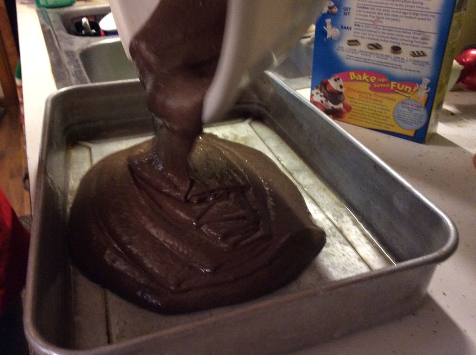 Pour mix in to pan try to get as much of the mix as possible before scraping the mix in the pan then level mix with a spatula