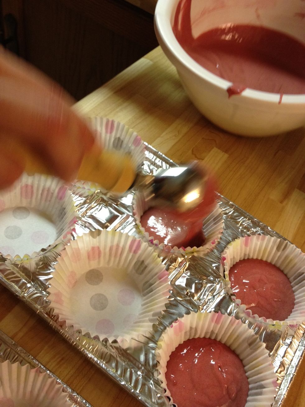 Pour mix into baking cups