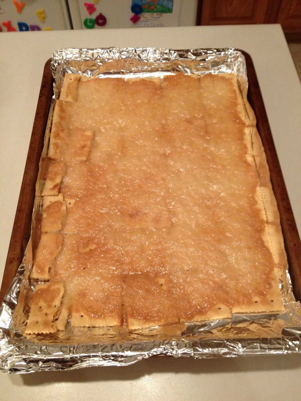 Pour mixture evenly over crackers.