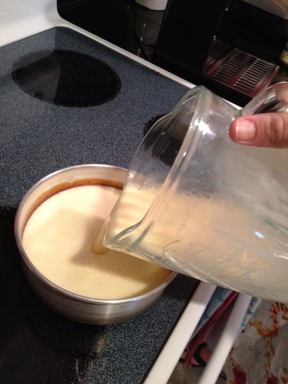 pour mixture from blender into the flanera pan over the melted sugar.