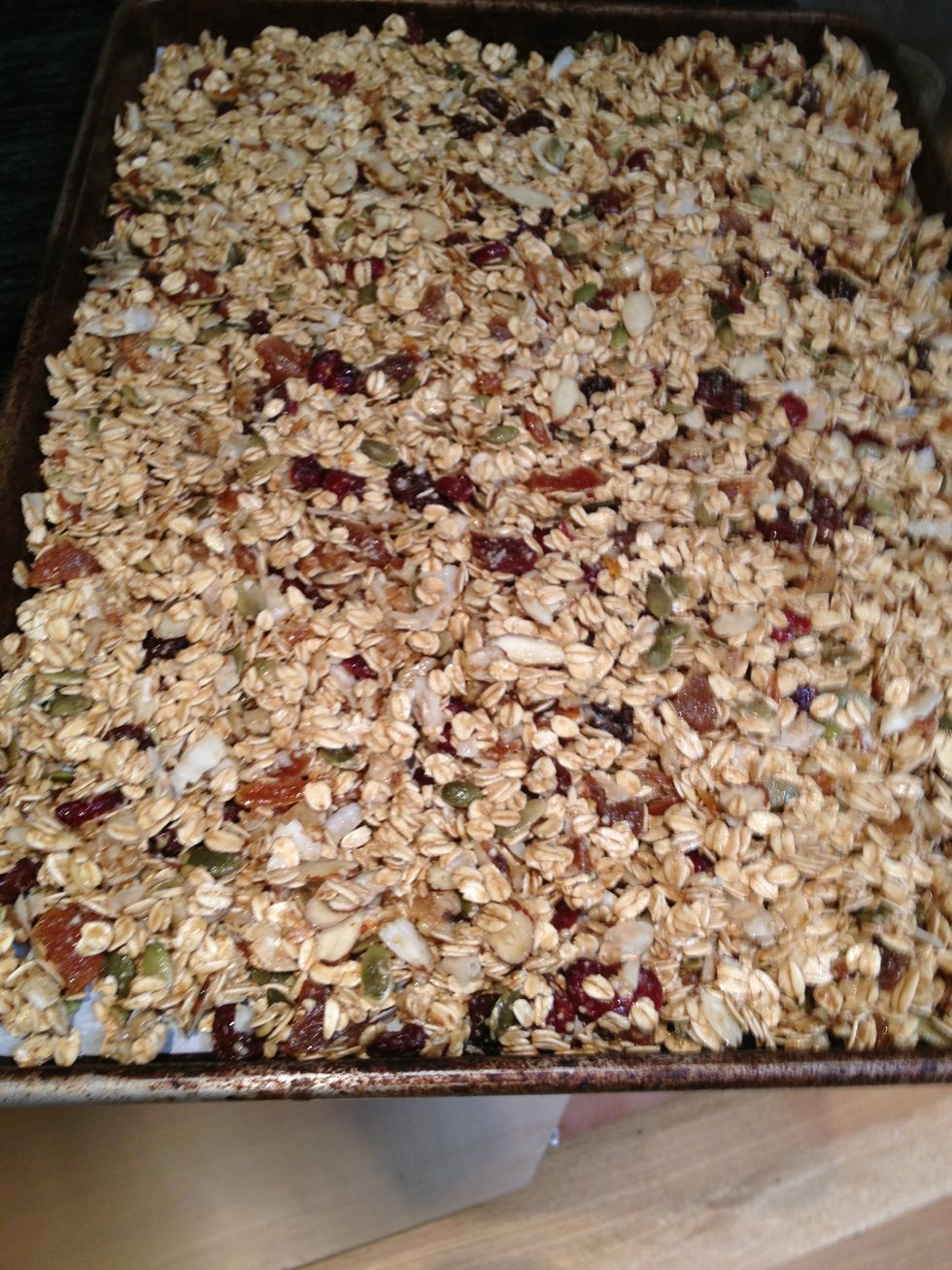 Pour mixture into a baking sheet lined with parchment paper.