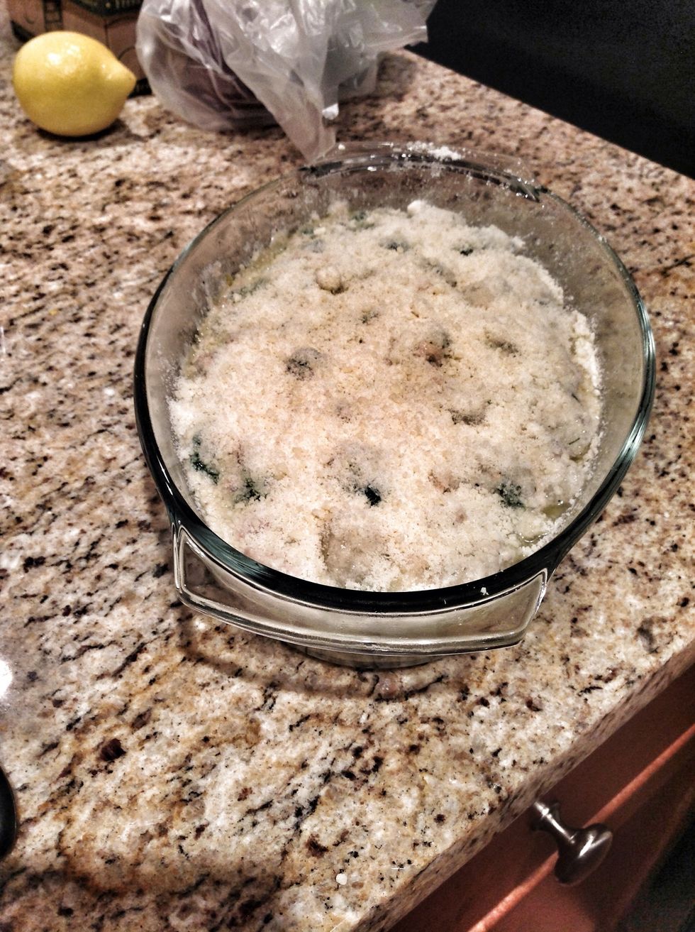 Pour mixture into baking dish and cover with Parmesan cheese.