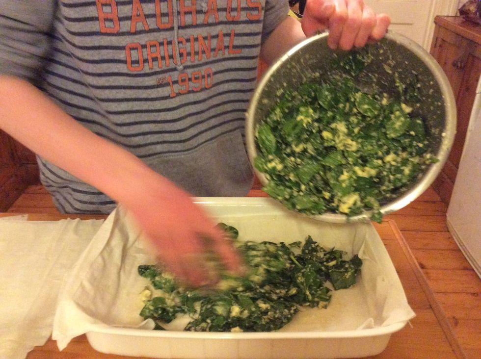 Pour mixture into baking dish, making sure you get all of it out of the bowl.