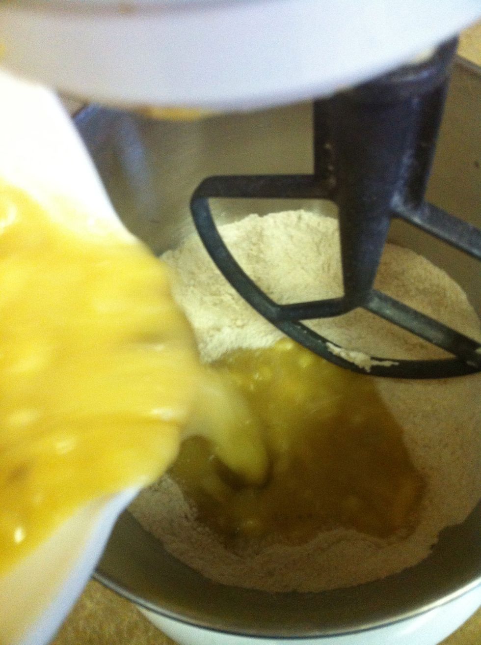 Pour mixture into flour mixture.....