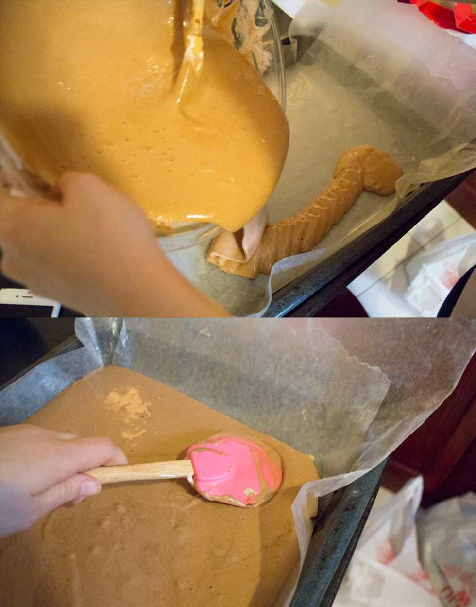 Pour mixture into your parchment lined tray, and use a spatula to spread evenly.