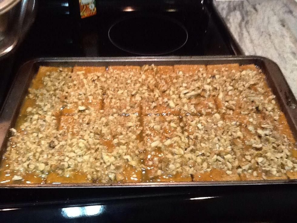 Pour mixture on crackers, sprinkle with chopped pecans, and bake for 8 minutes at 325.