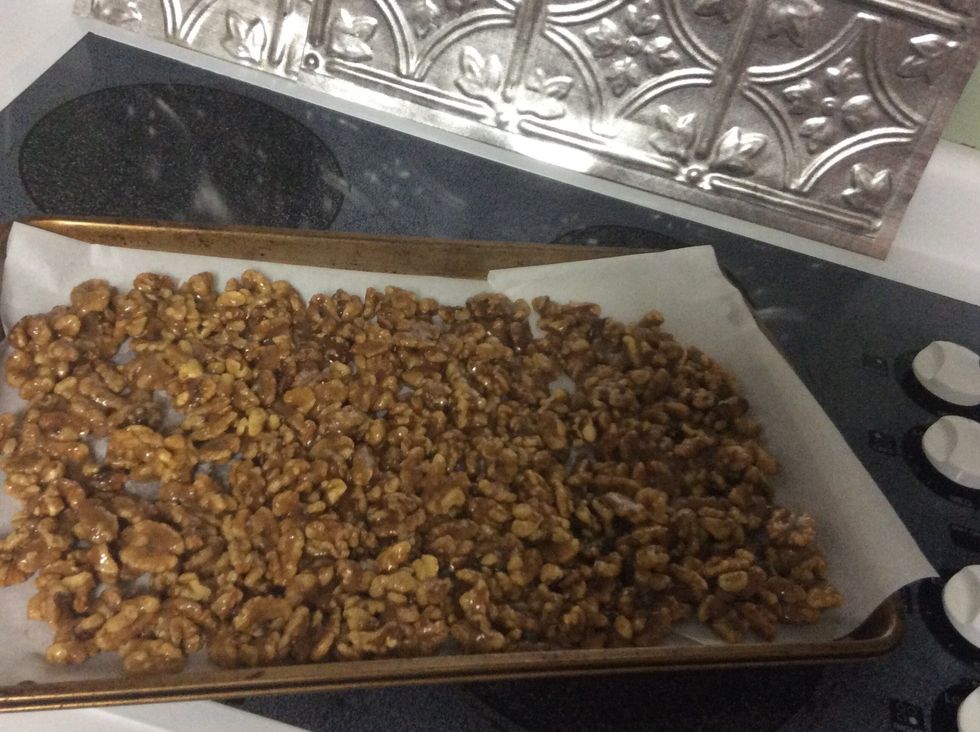 Pour mixture on to your pan and evenly spread out the walnuts