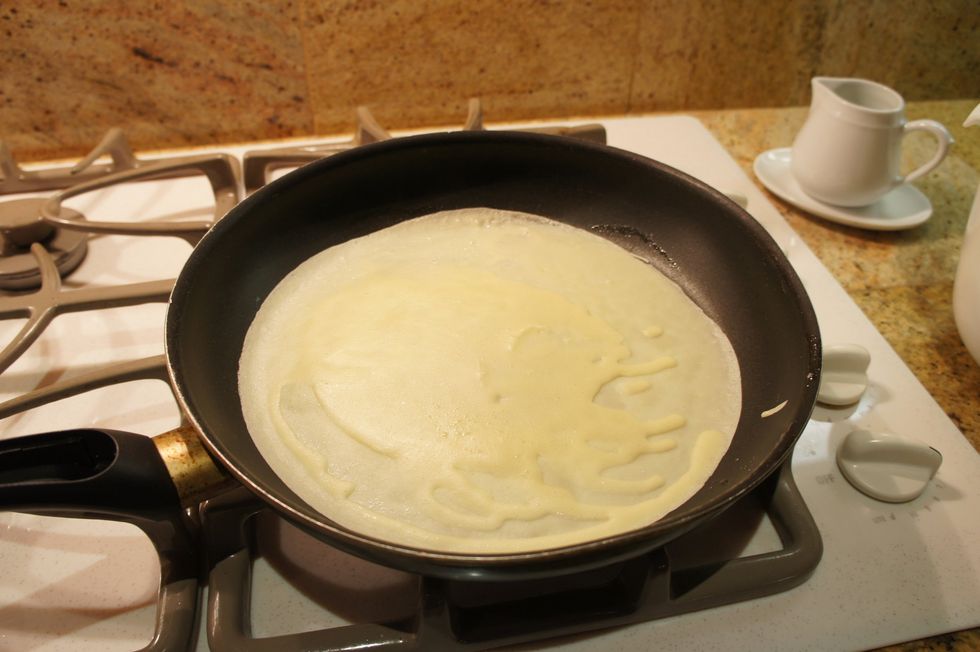 Pour mixture onto pan/griddle. Swoosh pan around to evenly coat it. Cook on each side till a very light brown