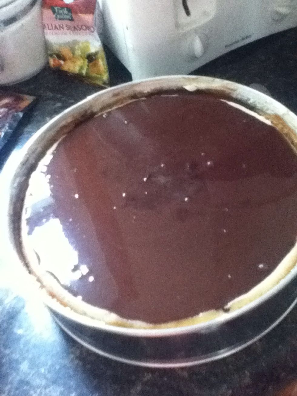 Pour mixture over cheese cake whaile still warm, refrigerate till serving time, should be refrigerated for 8 hours remove about 1/2 hour to a hour before serving