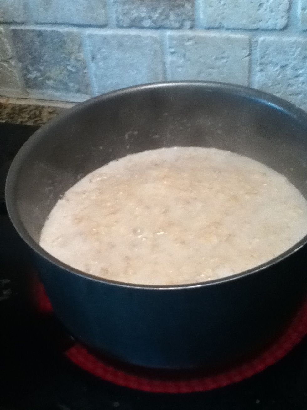 Pour oatmeal into a pot along with half water and half milk, just above the surface of the oatmeal.(: Simmer at low to medium heat. Stir every so often!