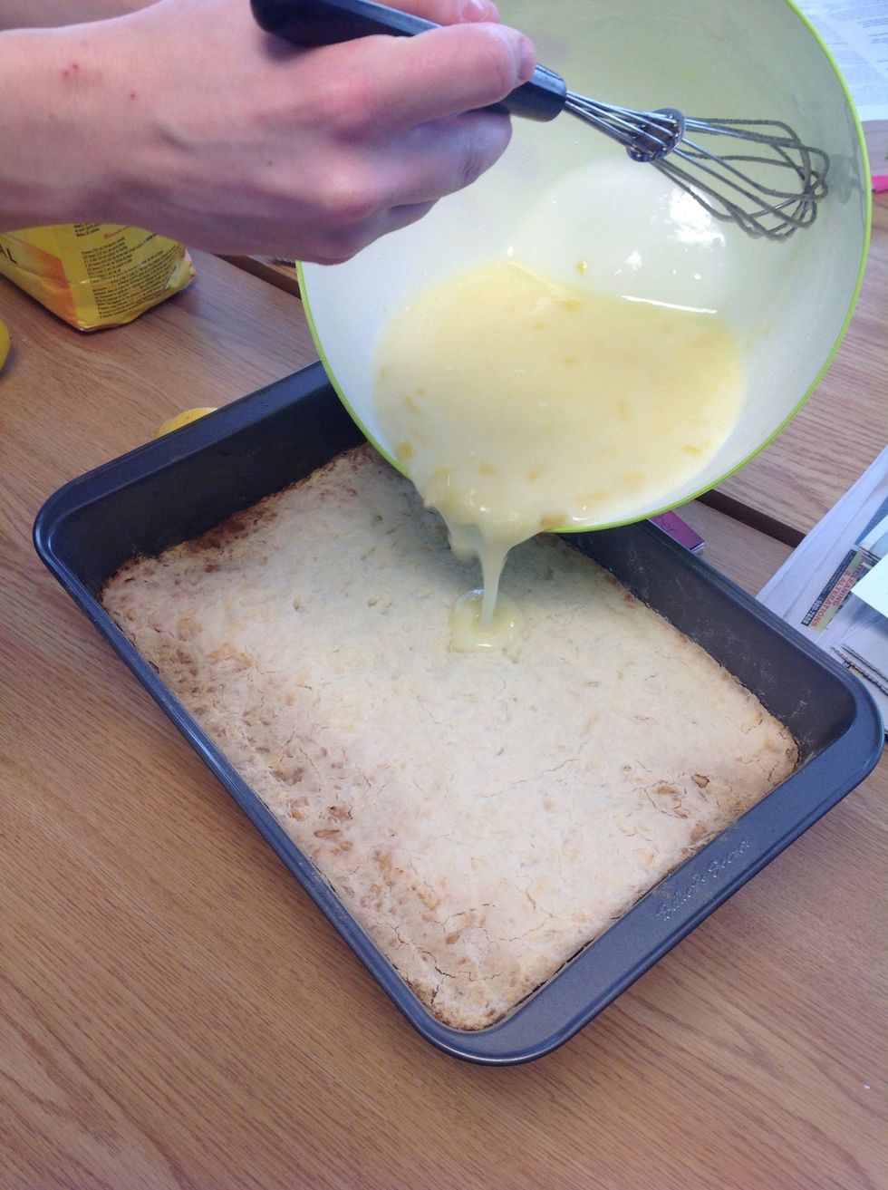 Pour on crust then bake for 20 minutes.