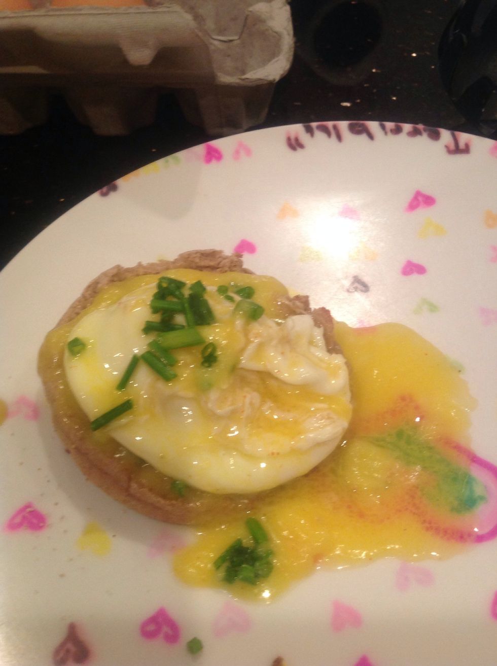 Pour on hollandaise sauce.