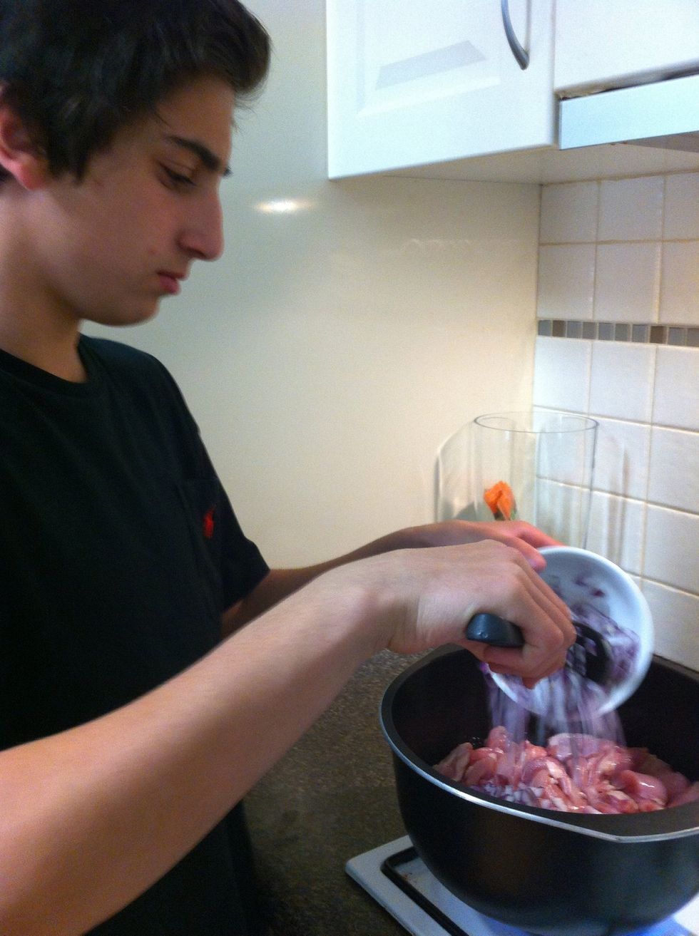 Pour onion pieces in