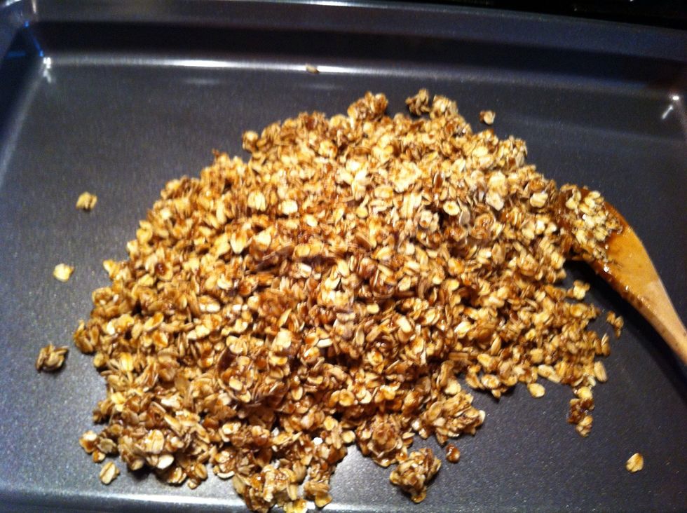 Pour onto cookie sheet. It's nice if sheet has sides to contain the mix.