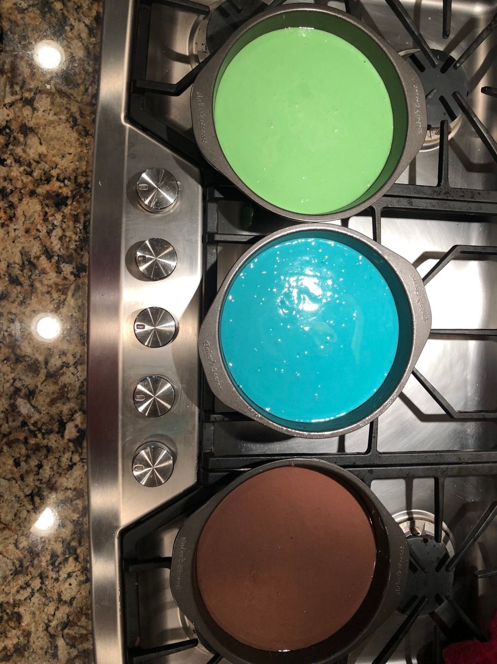 Pour other 3 colors into cake pans and bake for 18-20 minutes and then cool for 10 minutes.