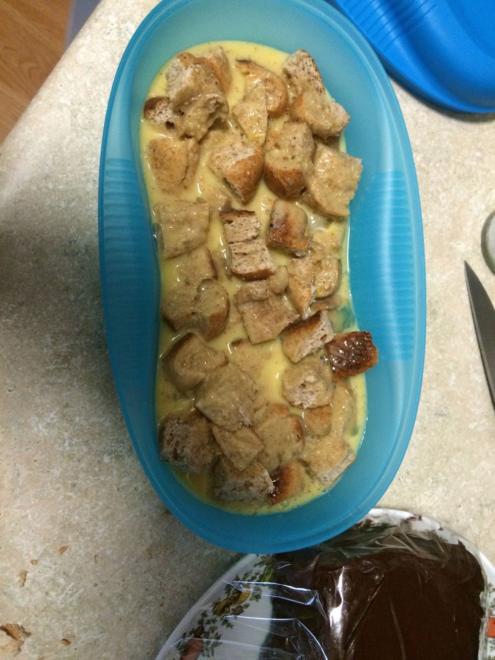 Pour over bread and let sit for 5 minutes to soak up