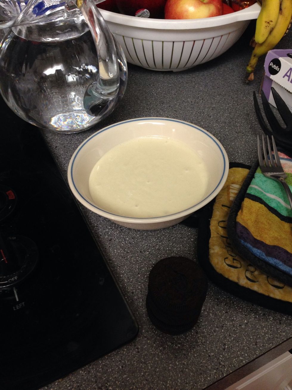 pour pancake mix into bowl