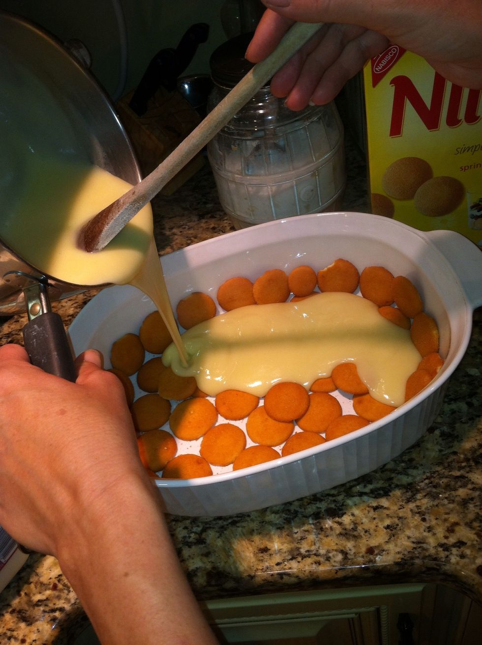 Pour pudding into pan