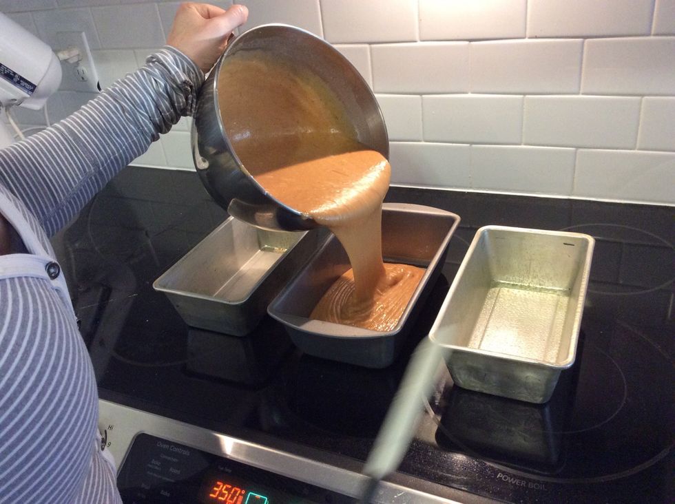 Pour pumpkin bread mix into the pans.