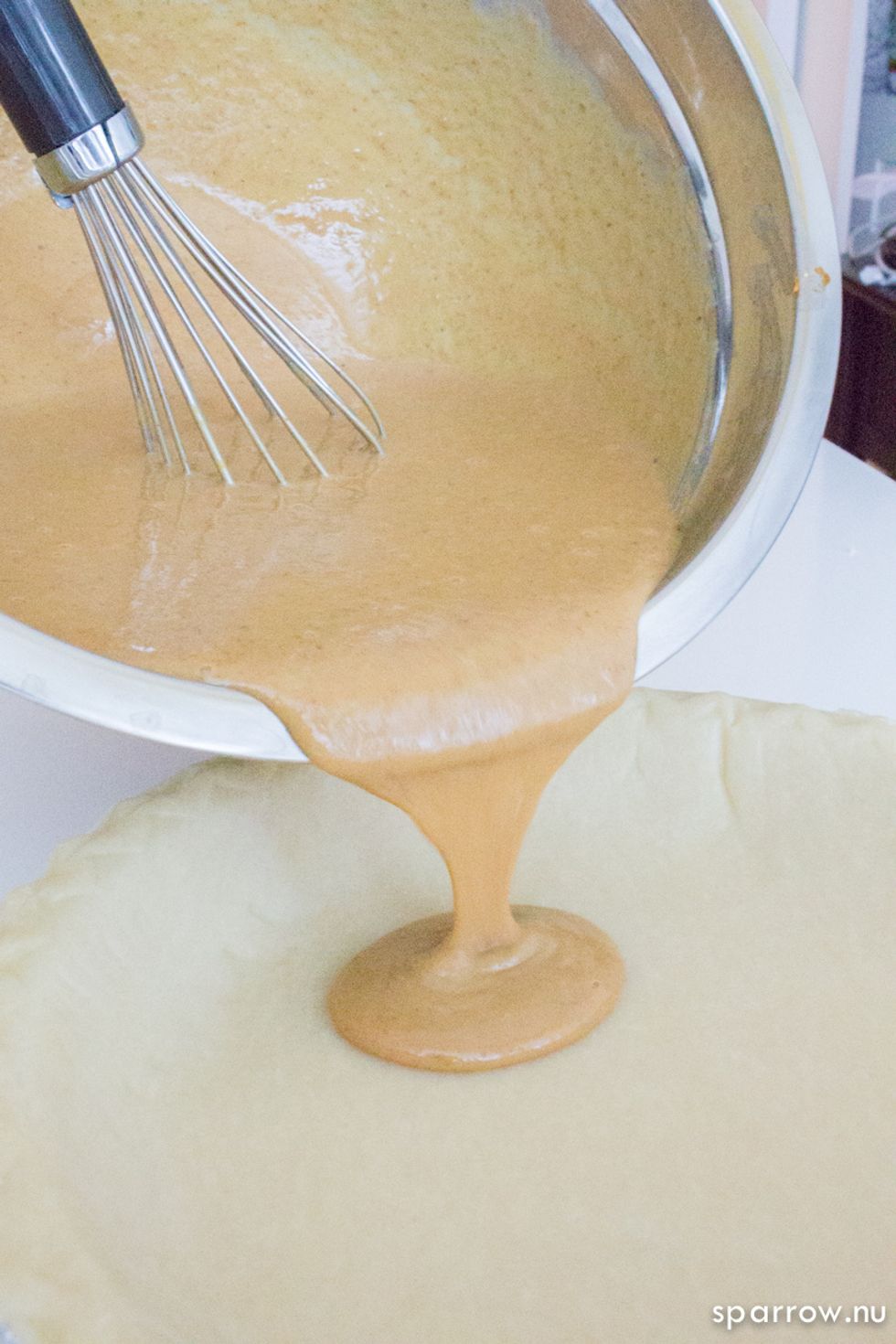 Pour pumpkin mixture into deep pie dish.