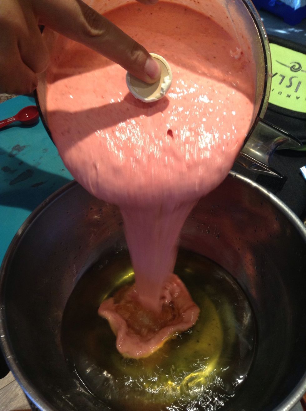 Pour pur\u00e9e into simple syrup mixture. If you have room in your pur\u00e9e machine, add the simple syrup mixture in there.