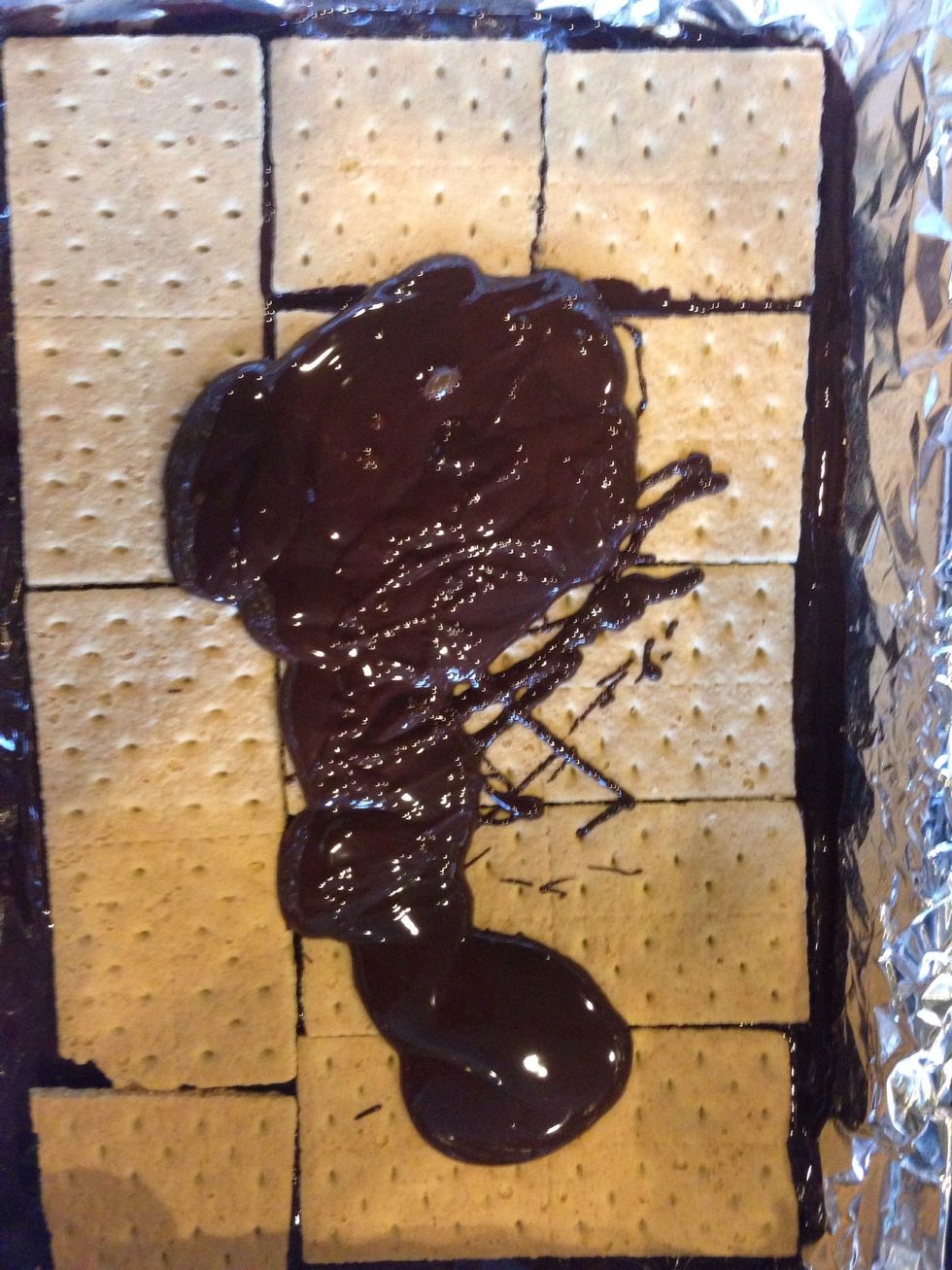 Pour remaining chocolate on top of crackers.