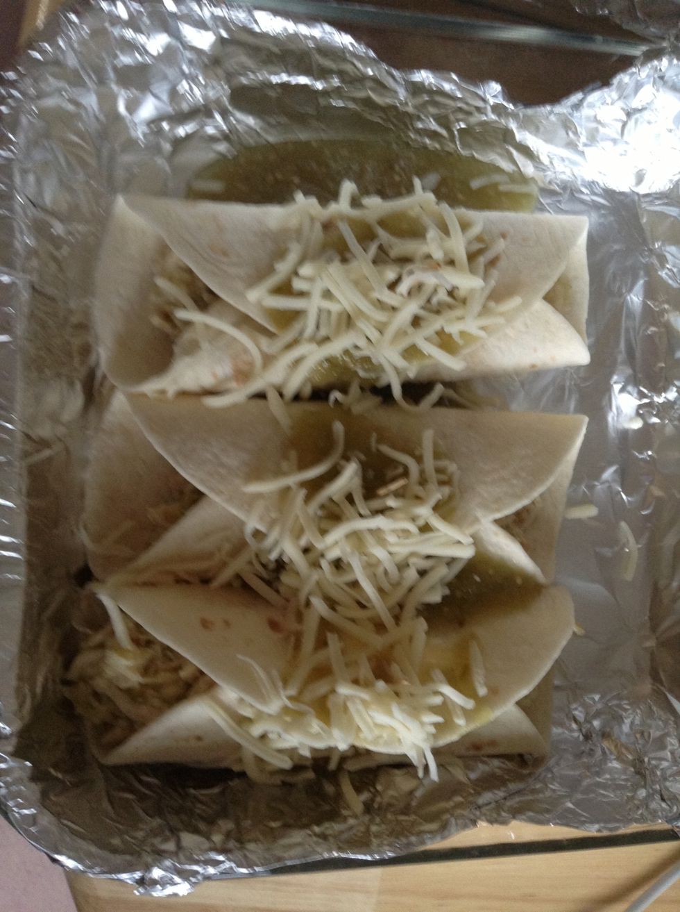 Pour salsa and sprinkle Monterey Jack over enchiladas to taste.