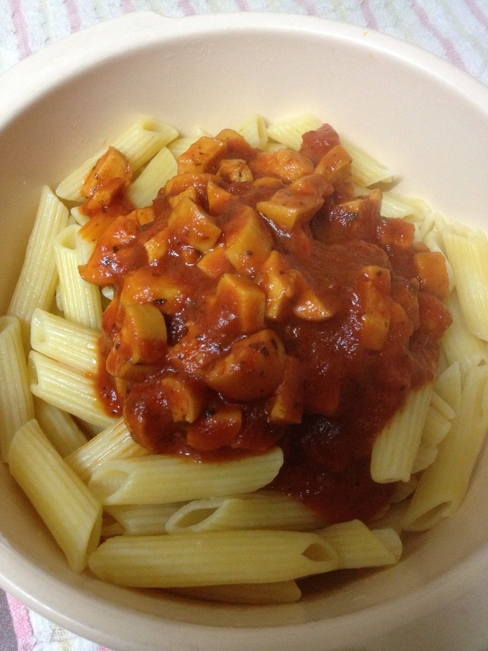 Pour sauce on to cooked penne pasta to serve.