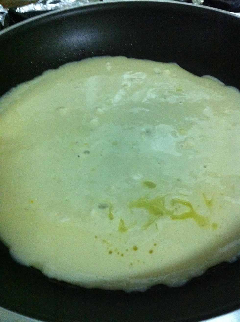 Pour small amount of the mixture to make a thin pan cake. Move and tend the pan to distribute it all around.
