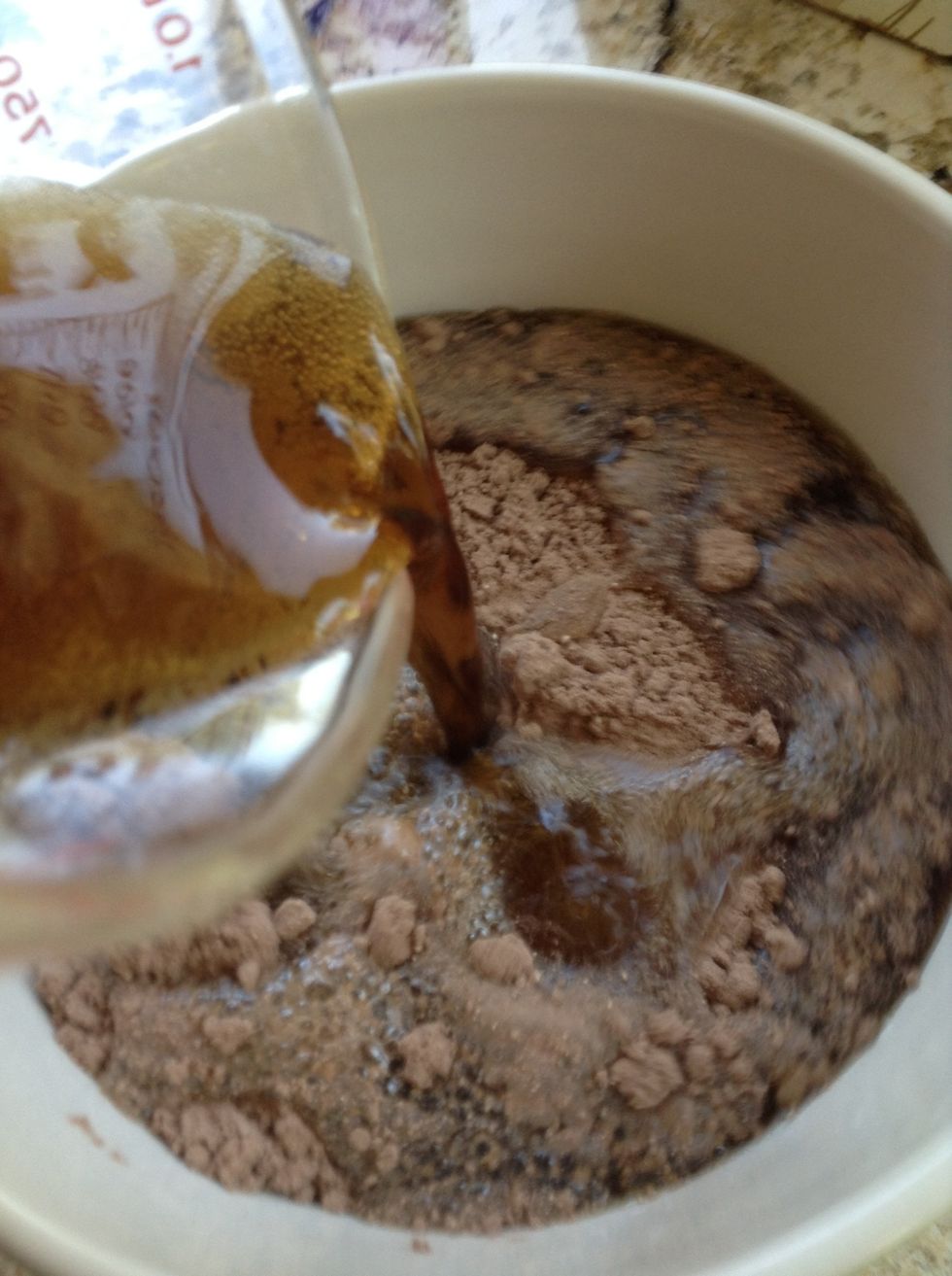 Pour soda in the bowl with the mix in it.