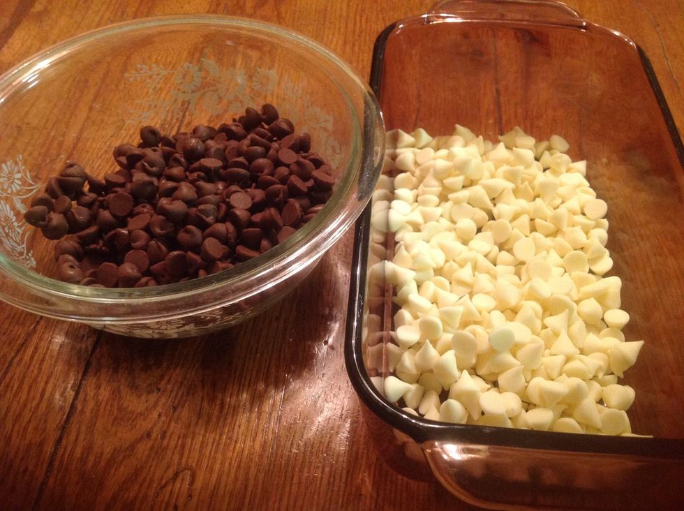 Pour some chocolate chips in 2 bowls.